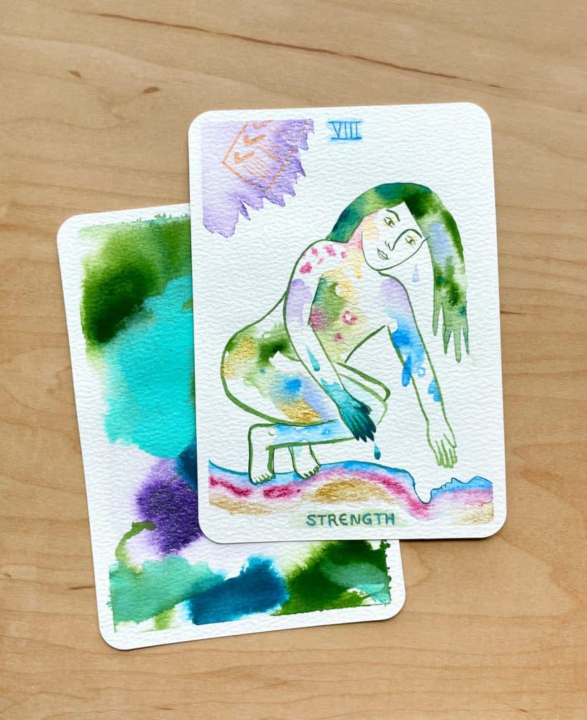 A painting by Rebecca of the Strength tarot card, which shows a figure covered in vibrant colors
