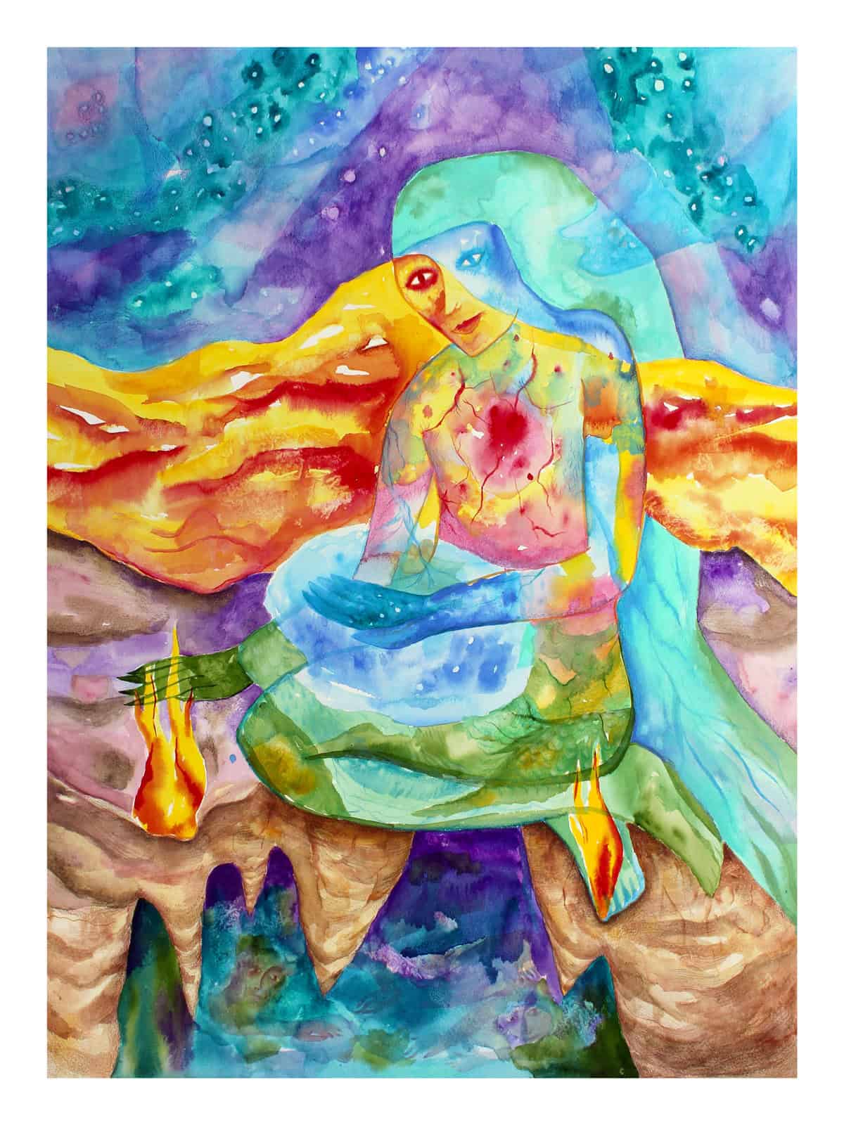 A transparent figure with a glowing heart holds stars while mountains glow behind them and caves open up below them