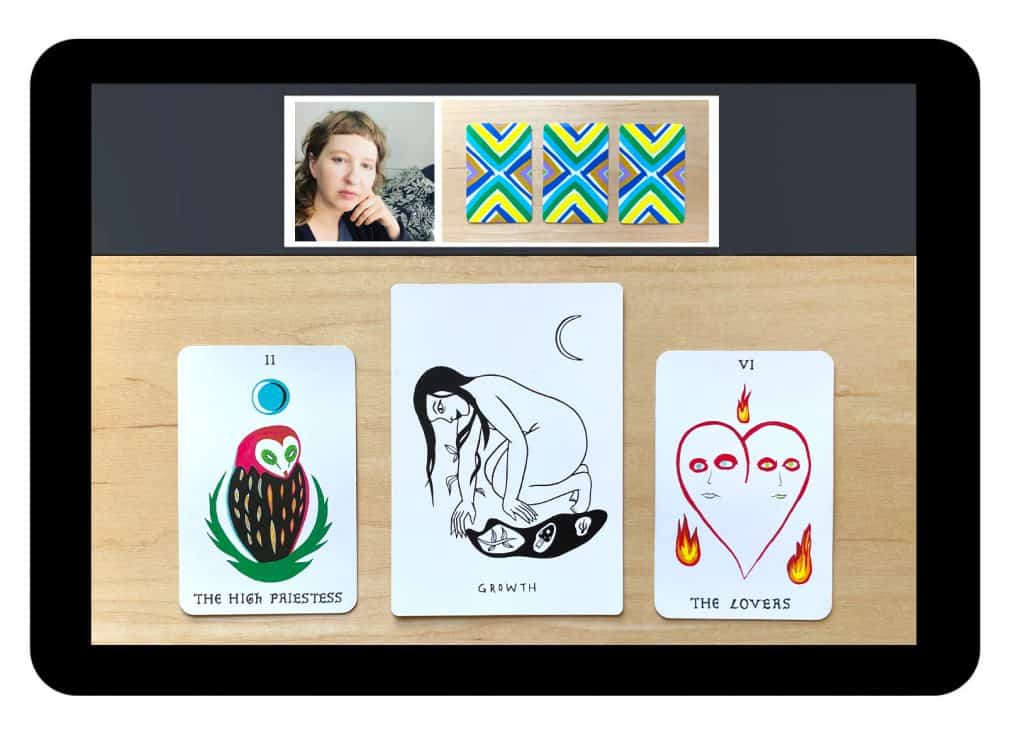 Rebecca appears on Zoom with a screen of tarot cards for clients to see