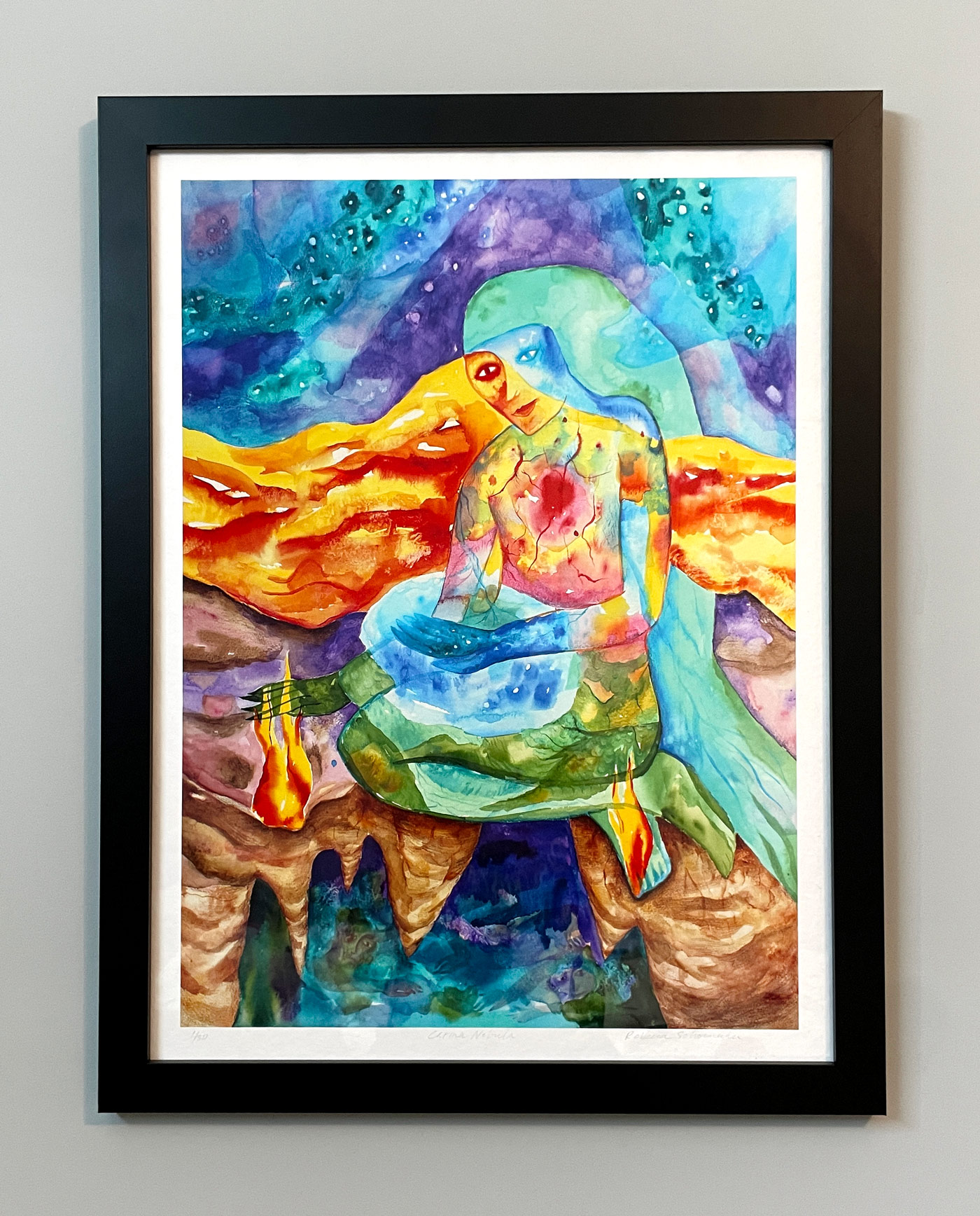 This as a print of the art titled Carina Nebula, which shows a figure in glowing mountains, holding the stars, and a magical sky behind them