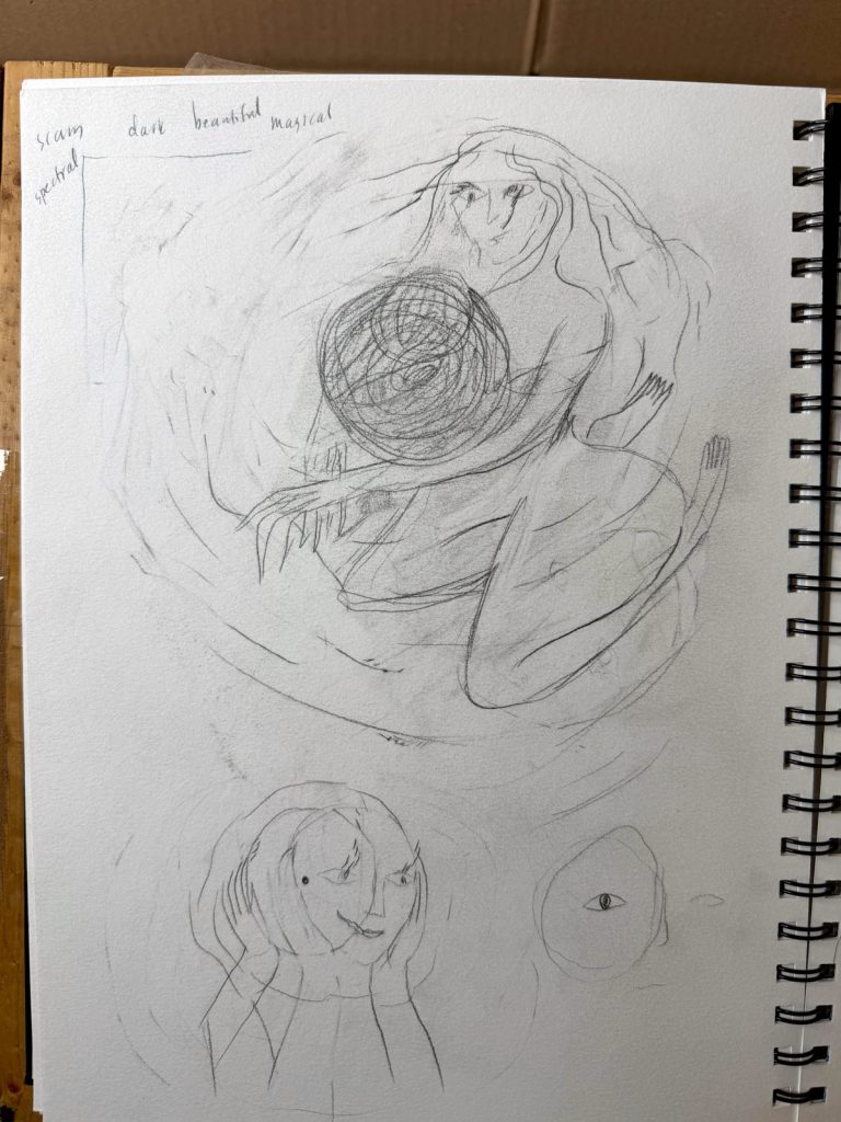 Sketchbook drawing of a spooky lady holding a black hole