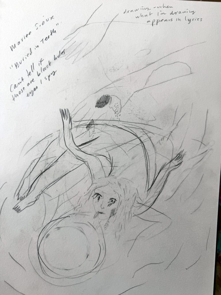 Sketch of a lady being pulled in by a black hole