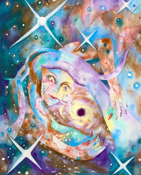 This image is of an art print from Rebecca's piece, The Black Hole of Circinus. The art features a starry sky, with a supernatural being embracing a black hole.
