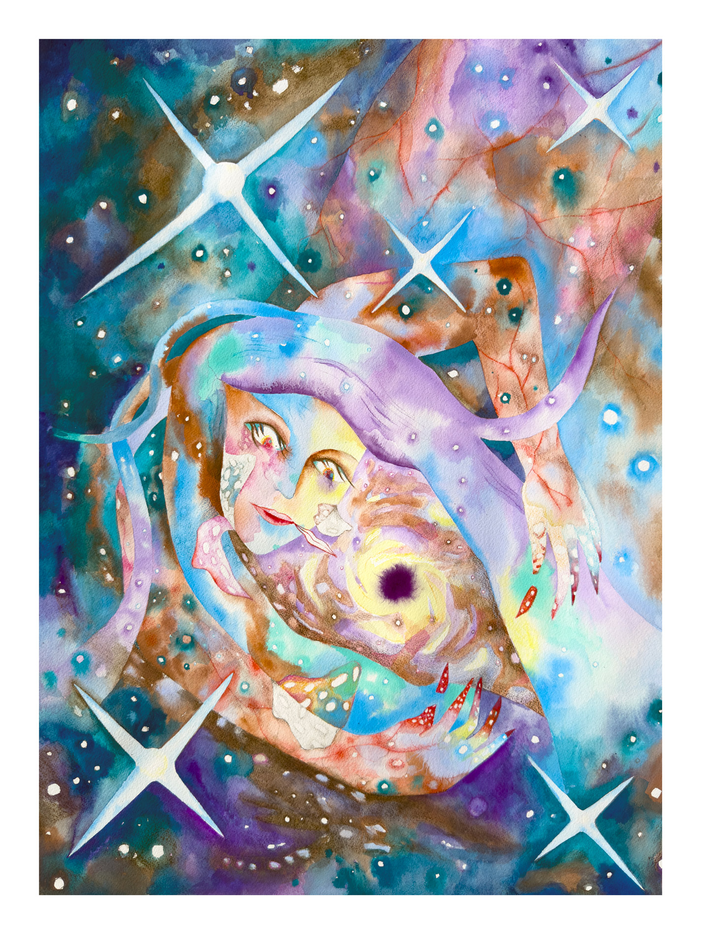 This image is of an art print from Rebecca's piece, The Black Hole of Circinus. The art features a starry sky, with a supernatural being embracing a black hole.