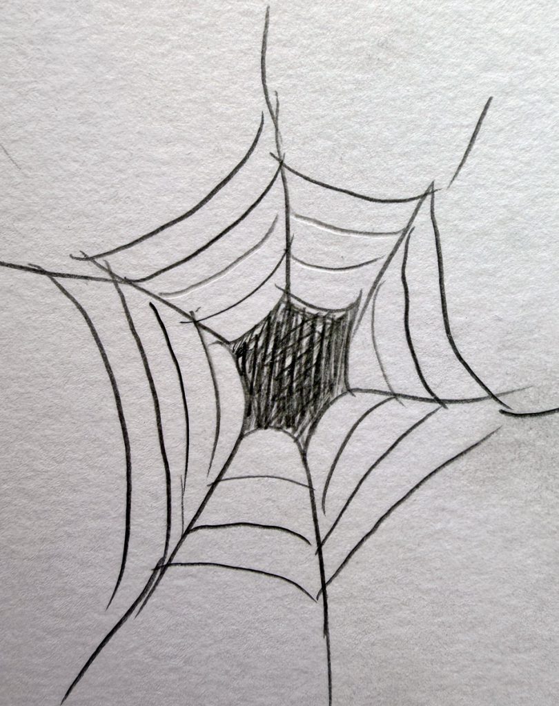 A rough sketch of a spider web with a black hole in the center